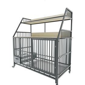 Large pet cage with storage rack, drawers with stainless steel food and water basins, double-layer storage rack made of iron frame and MDF materi