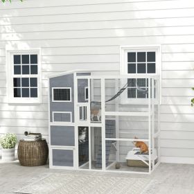 Large Wooden Catio Outdoor, Cat Enclosure W 4 Tier Resting Rooms, 3 Platforms, 1 Soft Ladder, 2 Ramps, 1 Hammock, Gray (Option: Gray)