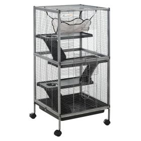PawHut Metal Small Animal Cage Rolling Big Ferret Cage, Chinchilla Cage, Sugar Glider Cage, With Hammock & 4 Tiers, Removable Tray, Gray (Option: Gray)